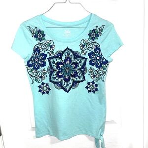 Justice Aqua Short Sleeve Tee with Blue Floral Medallion